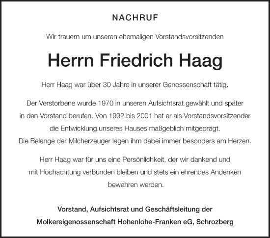 Traueranzeige von Friedrich Haag von Fränkische Nachrichten