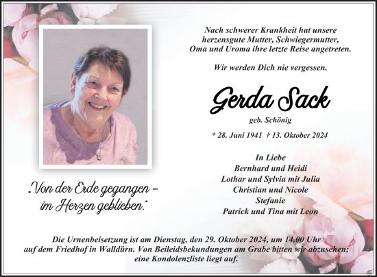 Traueranzeige von Gerda Sack von Fränkische Nachrichten