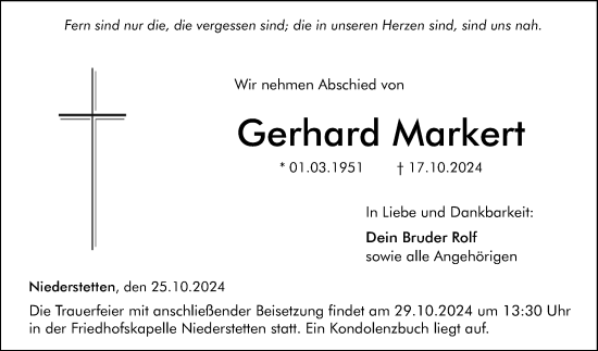 Traueranzeige von Gerhard Markert von Fränkische Nachrichten