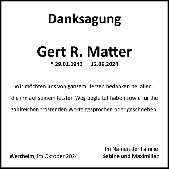 Traueranzeige von Gert Matter von Fränkische Nachrichten