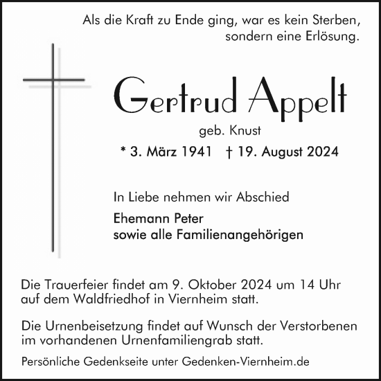 Traueranzeige von Gertrud Appelt von Mannheimer Morgen