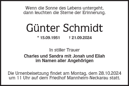 Traueranzeige von Günter Schmidt von Mannheimer Morgen