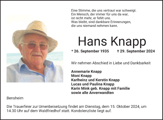 Traueranzeige von Hans Knapp von Bergsträßer Anzeiger