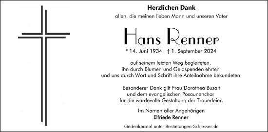 Traueranzeige von Hans Renner von Mannheimer Morgen