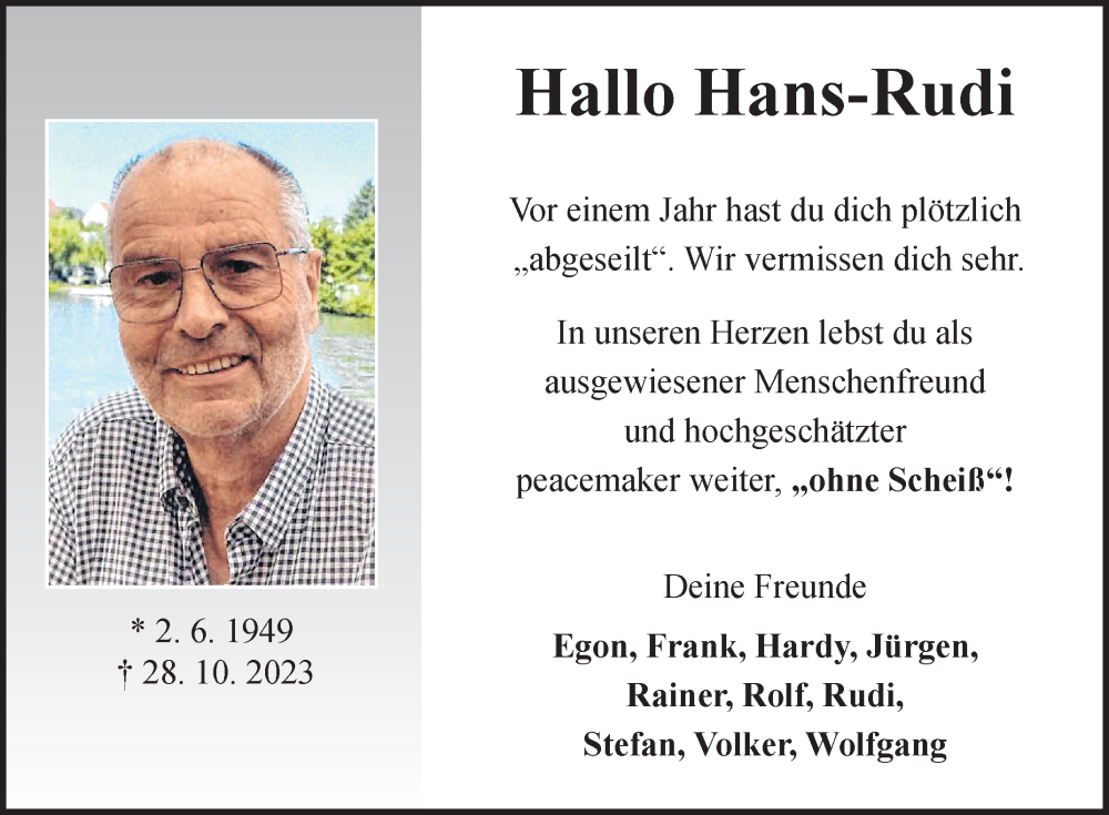  Traueranzeige für Hans-Rudi Beck vom 28.10.2024 aus Fränkische Nachrichten
