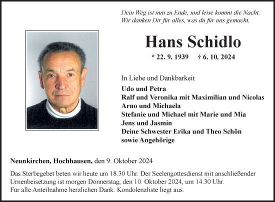 Traueranzeige von Hans Schidlo von Fränkische Nachrichten