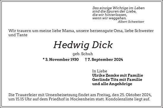 Traueranzeige von Hedwig Dick von Schwetzinger Zeitung