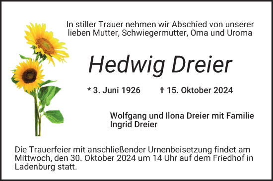 Traueranzeige von Hedwig Dreier von Mannheimer Morgen