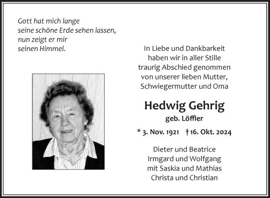 Traueranzeige von Hedwig Gehrig von Fränkische Nachrichten