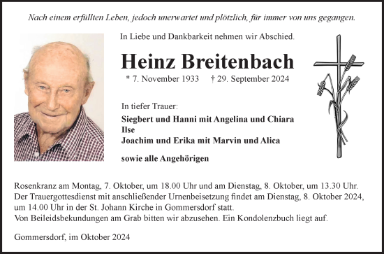 Traueranzeige von Heinz Breitenbach von Fränkische Nachrichten