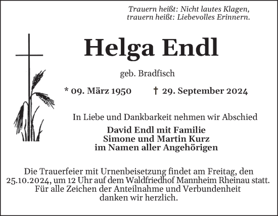 Traueranzeige von Helga Endl von Mannheimer Morgen