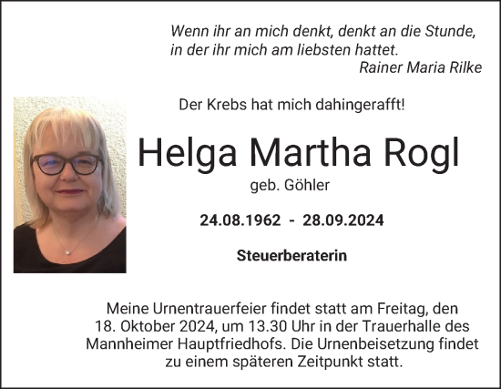 Traueranzeige von Helga Martha Rogl von Mannheimer Morgen