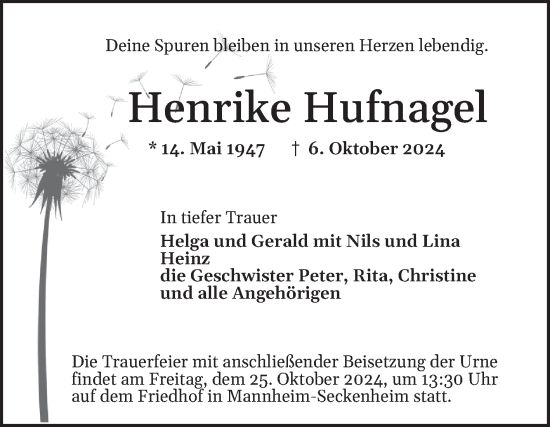 Traueranzeige von Henrike Hufnagel von Mannheimer Morgen