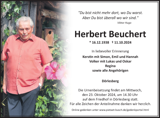 Traueranzeige von Herbert Beuchert von Fränkische Nachrichten