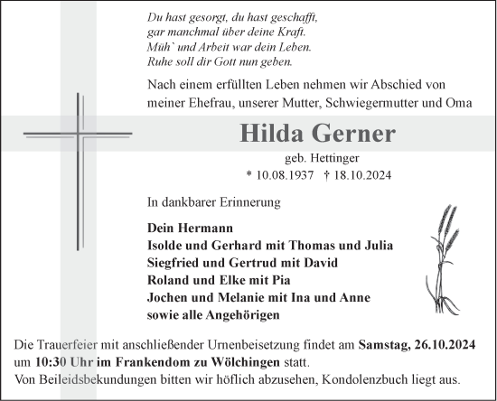 Traueranzeige von Hilda Gerner von Fränkische Nachrichten