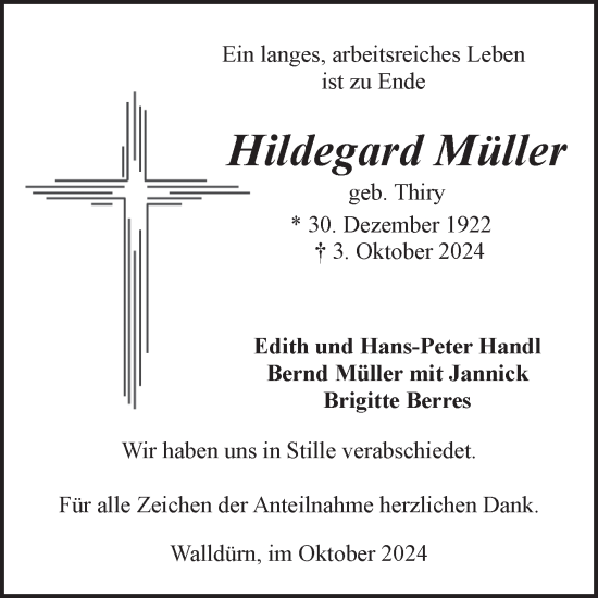 Traueranzeige von Hildegard Müller von Fränkische Nachrichten