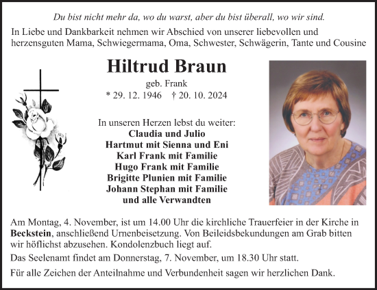 Traueranzeige von Hiltrud Braun von Fränkische Nachrichten