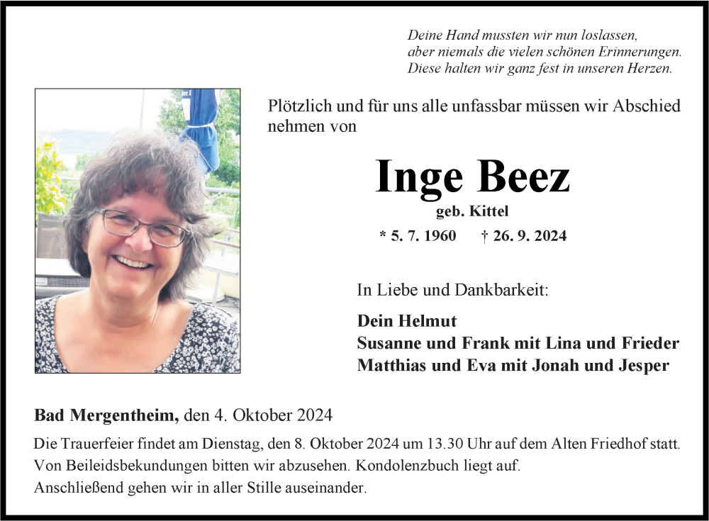  Traueranzeige für Inge Beez vom 04.10.2024 aus Fränkische Nachrichten