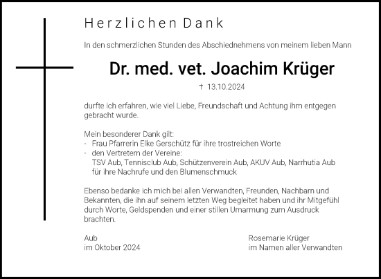 Traueranzeige von Joachim Krüger von Fränkische Nachrichten