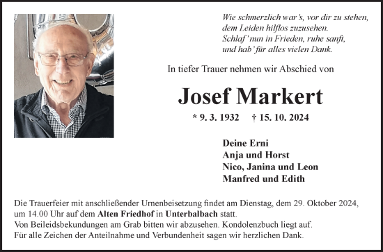 Traueranzeige von Josef Markert von Fränkische Nachrichten