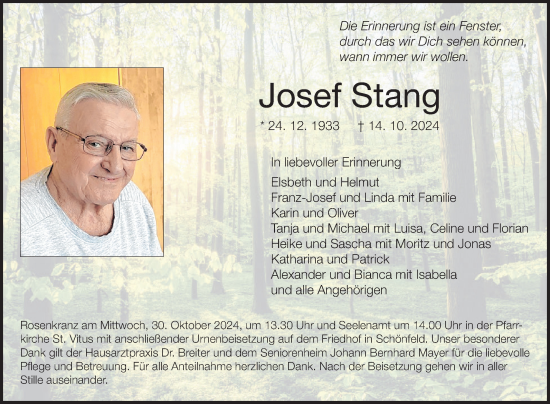 Traueranzeige von Josef Stang von Fränkische Nachrichten