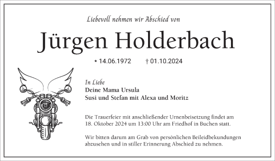 Traueranzeige von Jürgen Holderbach von Fränkische Nachrichten