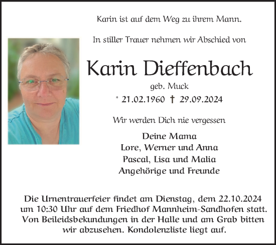 Traueranzeige von Karin Dieffenbach von Mannheimer Morgen