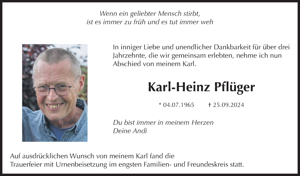  Traueranzeige für Karl-Heinz Pflüger vom 09.10.2024 aus Bergsträßer Anzeiger