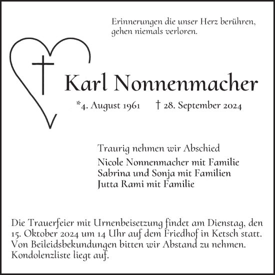 Traueranzeige von Karl Nonnenmacher von Schwetzinger Zeitung