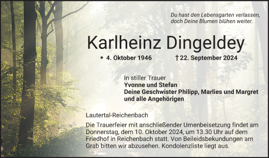 Traueranzeige von Karlheinz Dingeldey von Bergsträßer Anzeiger