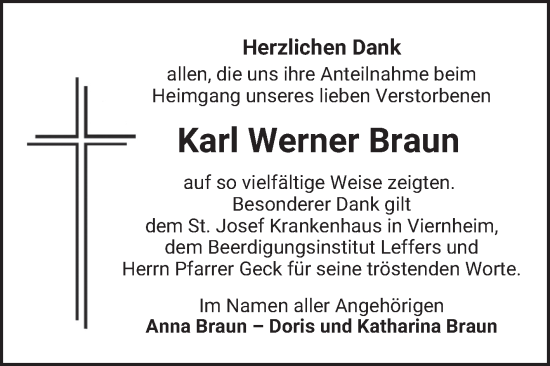 Traueranzeige von Karl Werner Braun von Bergsträßer Anzeiger