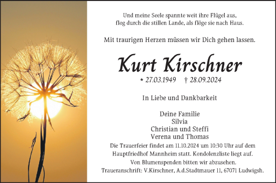 Traueranzeige von Kurt Kirschner von Mannheimer Morgen