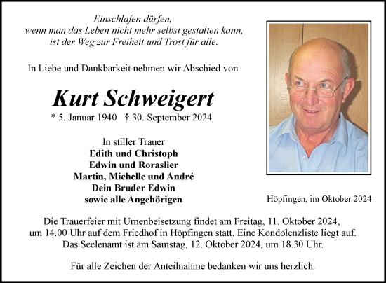 Traueranzeige von Kurt Schweigert von Fränkische Nachrichten