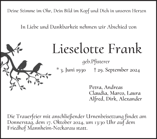 Traueranzeige von Lieselotte Frank von Mannheimer Morgen