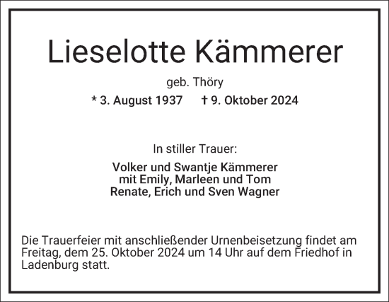 Traueranzeige von Lieselotte Kämmerer von Mannheimer Morgen