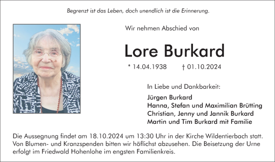 Traueranzeige von Lore Burkard von Fränkische Nachrichten