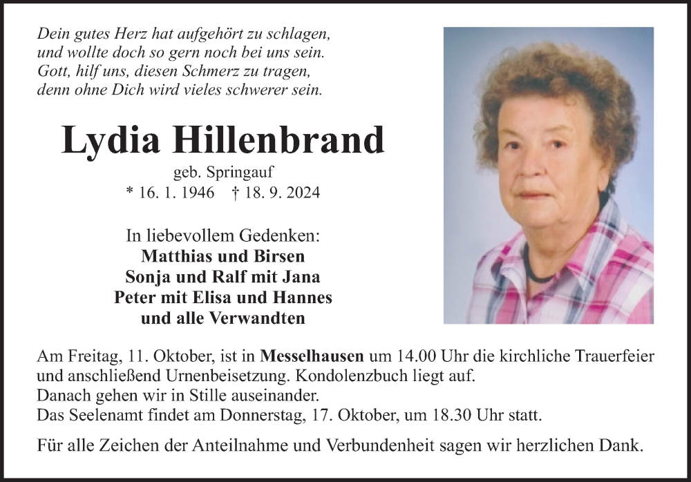  Traueranzeige für Lydia Hillenbrand vom 05.10.2024 aus Fränkische Nachrichten