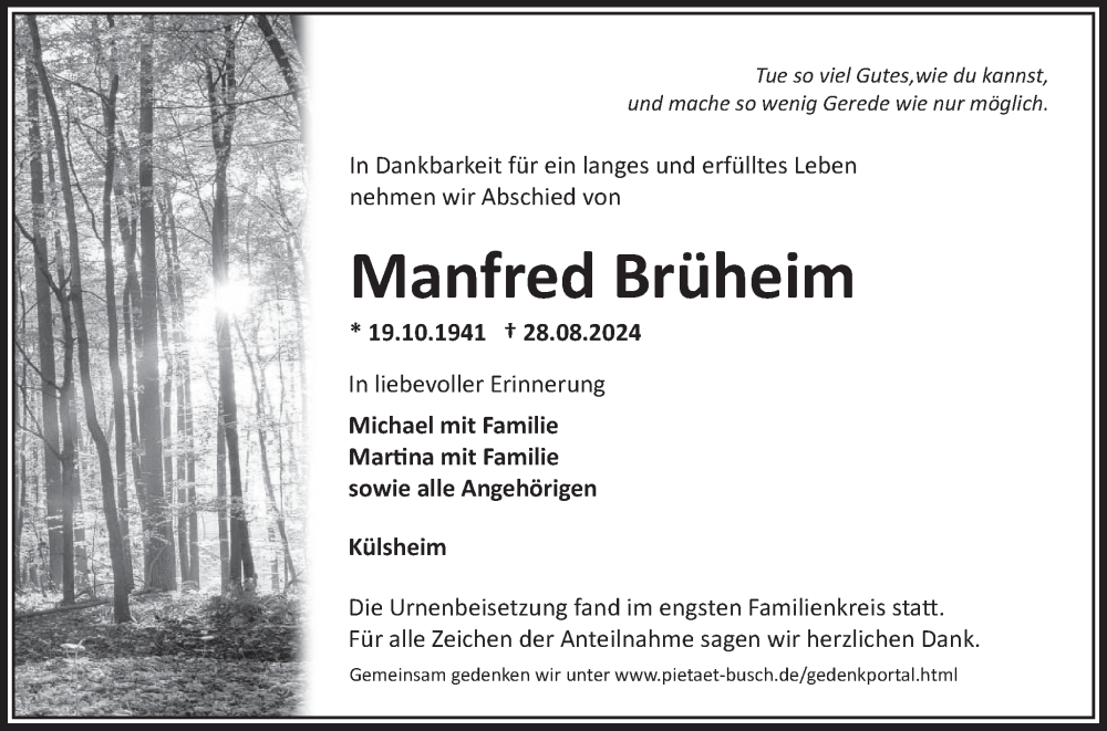  Traueranzeige für Manfred Brüheim vom 05.10.2024 aus Fränkische Nachrichten
