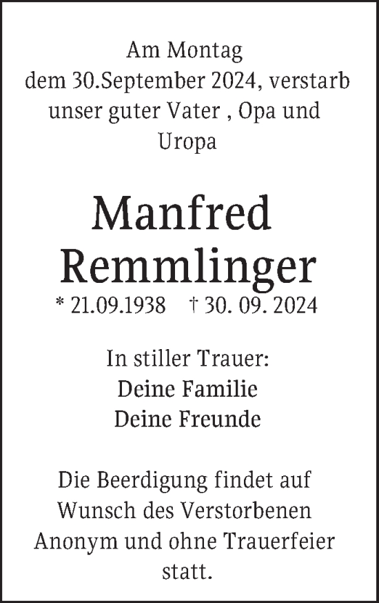 Traueranzeige von Manfred Remmlinger von Mannheimer Morgen