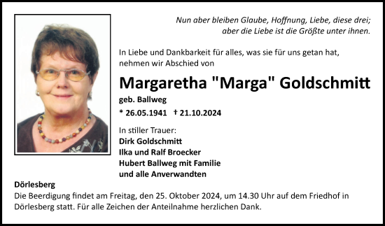 Traueranzeige von Margaretha Goldschmitt von Fränkische Nachrichten