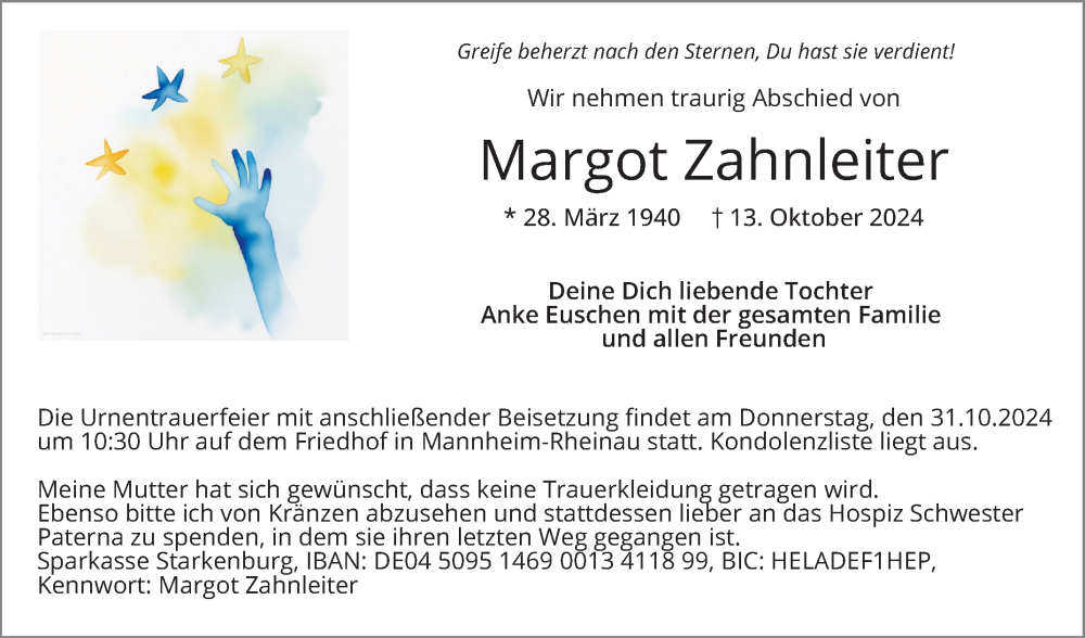  Traueranzeige für Margot Zahnleiter vom 19.10.2024 aus Mannheimer Morgen