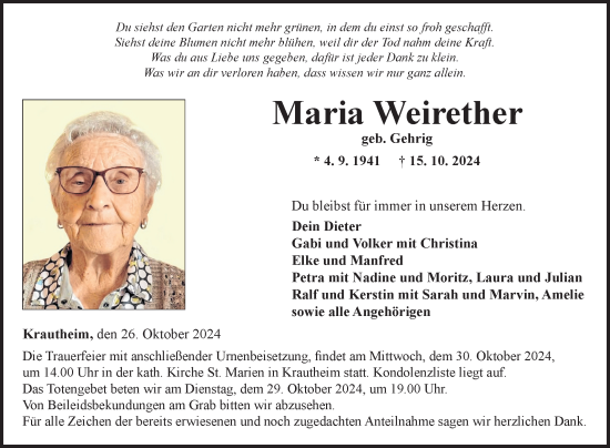 Traueranzeige von Maria Weirether von Fränkische Nachrichten