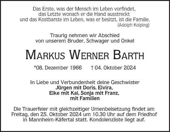 Traueranzeige von Markus  Barth von Mannheimer Morgen