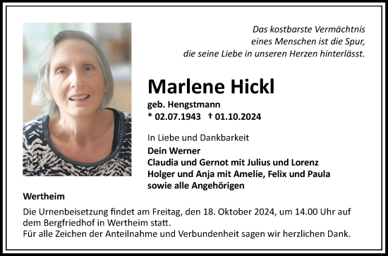 Traueranzeige von Marlene Hickl von Fränkische Nachrichten