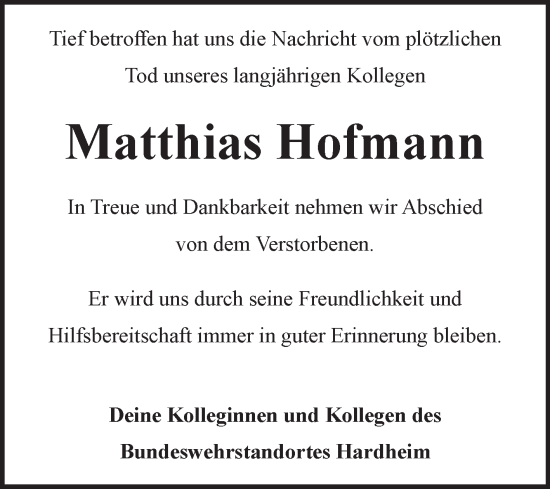 Traueranzeige von Matthias Hofmann von Fränkische Nachrichten