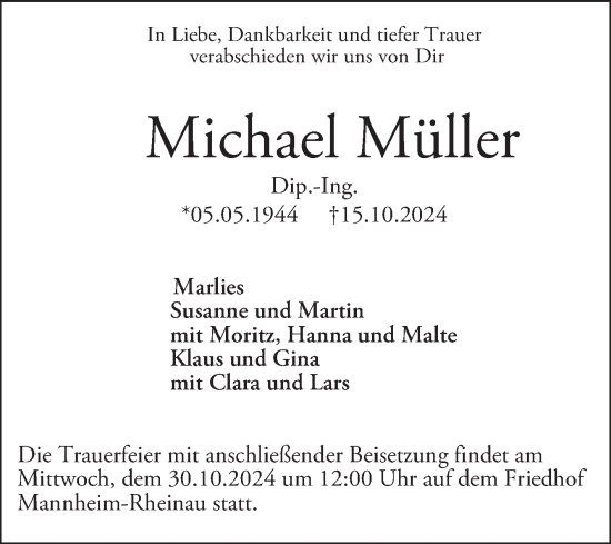 Traueranzeige von Michael Müller von Mannheimer Morgen