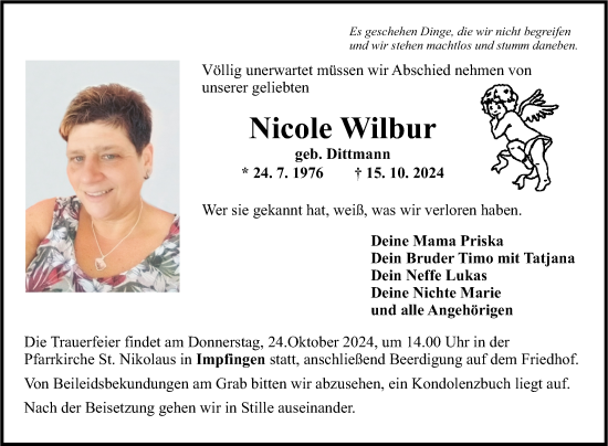 Traueranzeige von Nicole Wilbur von Fränkische Nachrichten