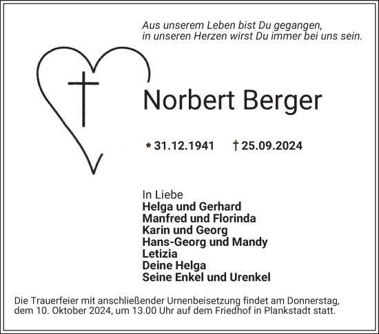 Traueranzeige von Norbert Berger von Schwetzinger Zeitung