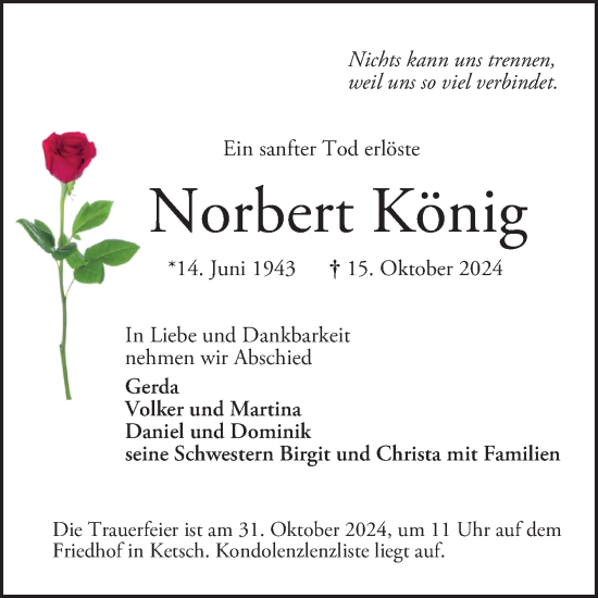 Traueranzeige von Norbert König von Schwetzinger Zeitung