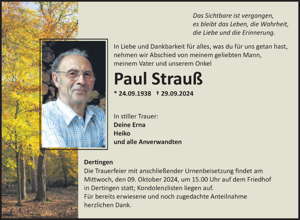  Traueranzeige für Paul Strauß vom 05.10.2024 aus Fränkische Nachrichten